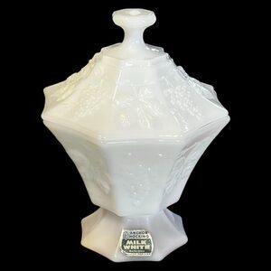 Vintage Anchor Hocking Milk Glass Grape Pattern Candy Dish With Lid